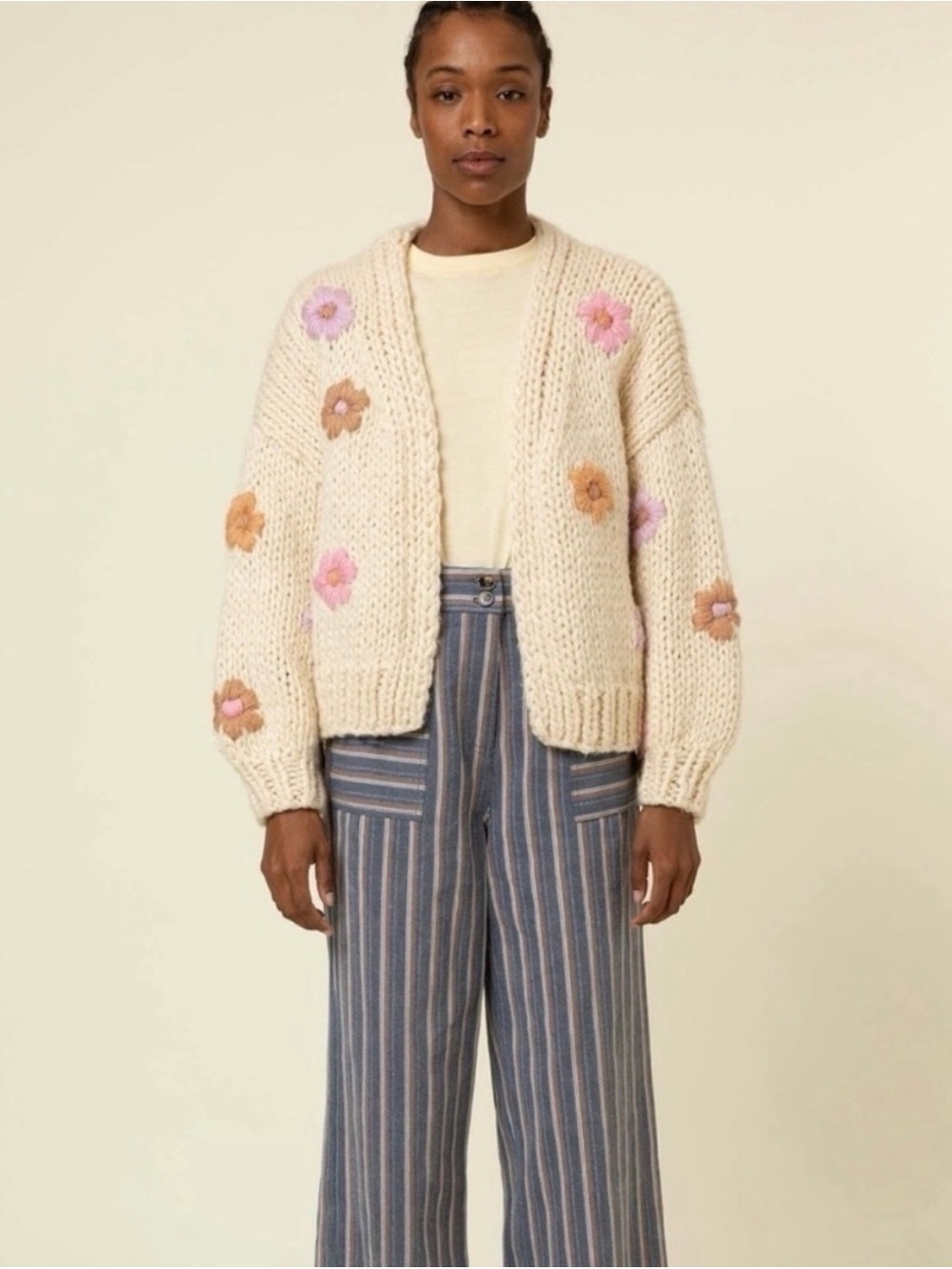 FRNCH Cream Chunky Knit Cardigan